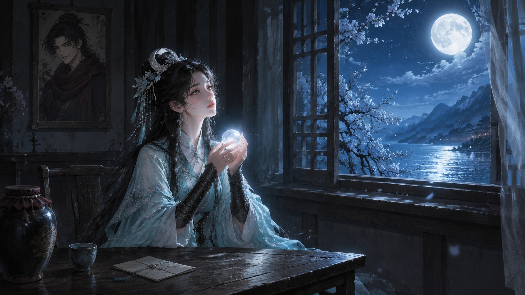 月夜窗下，谢泠手握一枚明珠，桌上放着一封信，墙上挂着一幅画